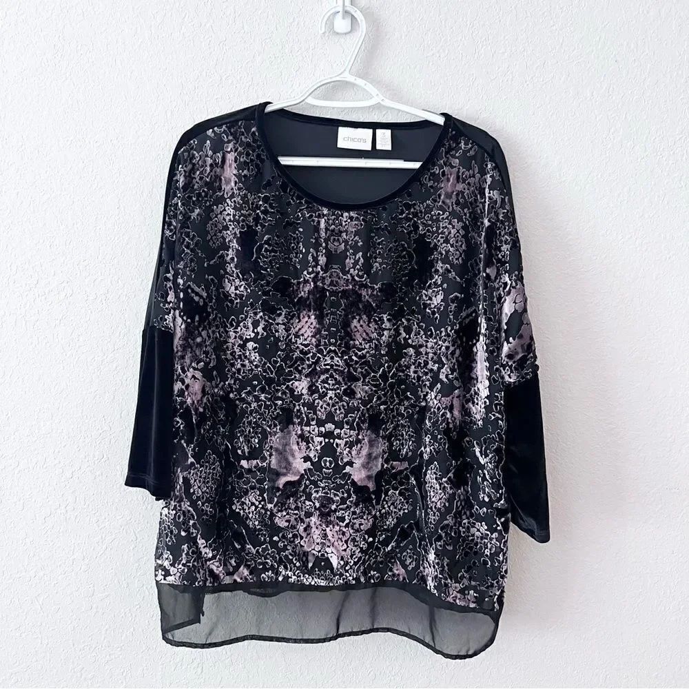Chico's Size 3 Velvet Burnout Top Shirt Pullover Black Print Polyester Blend